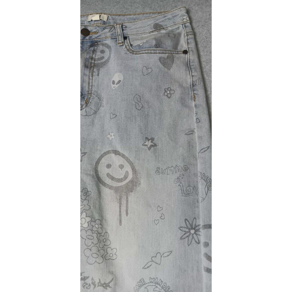 Easel Anthropologie Wide Leg Graffiti Pants Womens M Light Wash Blue Y2K Retro - Picture 4 of 13